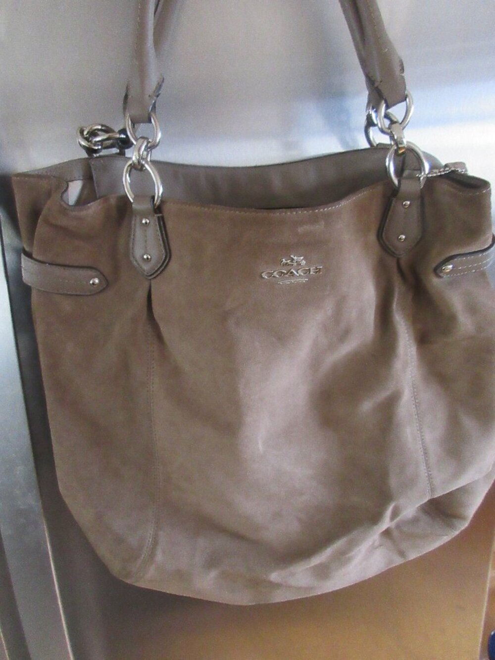 Coach rare taupe suede hobo purse handbag double handle silver hardware